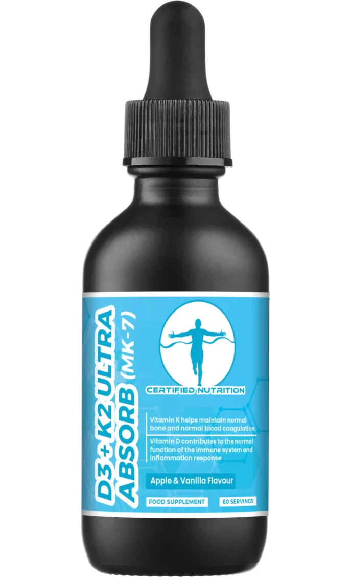 Front: Matte-black 60 ml dropper bottle, cylindrical shape, blue label “D3+K2 ULTRA ABSORB (MK-7)”, icons and text noting bone, coagulation and immunity support; apple & vanilla flavour.
