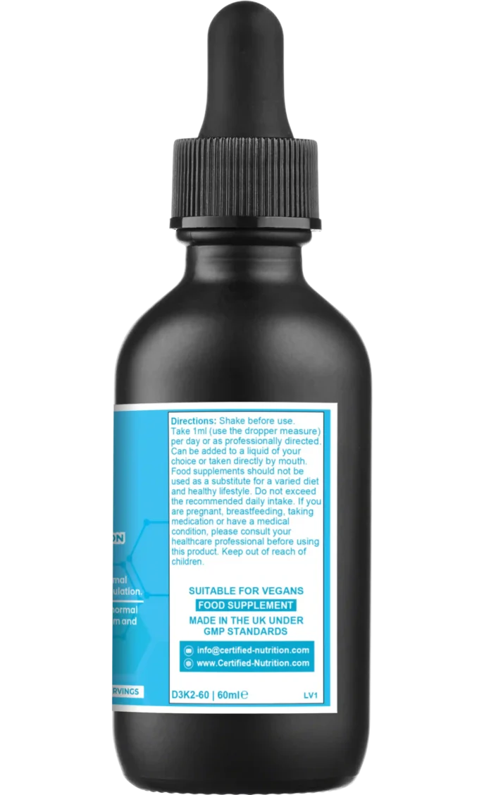 Side-left (directions panel): Side view of the same bottle showing light-blue directions box with daily 1 ml usage guidance, storage advice and vegan/food supplement statements.