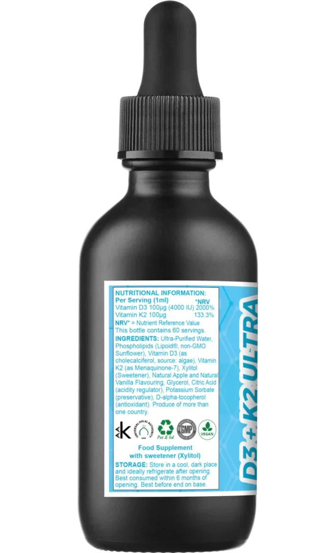 Side-right (nutrition & certificates): Bottle angled to show nutritional panel (per 1 ml: Vitamin D3 100 µg/4000 IU; Vitamin K2 100 µg; NRVs listed) and certificates on bottom row: Vegan, GMP, Universal Halal Authority, Kosher “K”, Recyclable PET & lid.