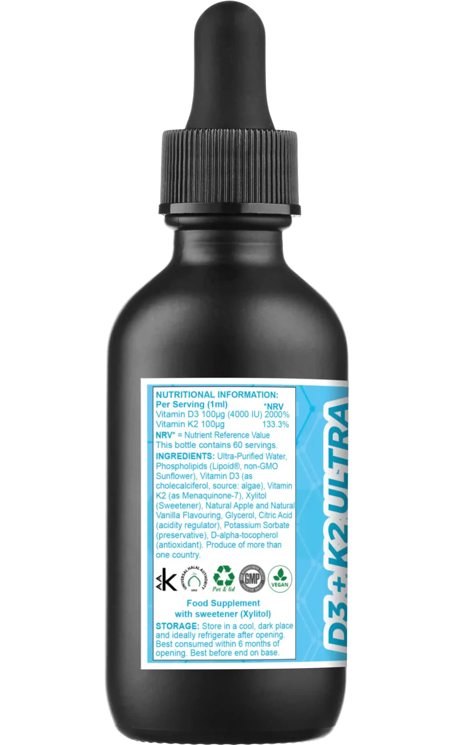 Side-right (nutrition & certificates): Bottle angled to show nutritional panel (per 1 ml: Vitamin D3 100 µg/4000 IU; Vitamin K2 100 µg; NRVs listed) and certificates on bottom row: Vegan, GMP, Universal Halal Authority, Kosher “K”, Recyclable PET & lid.