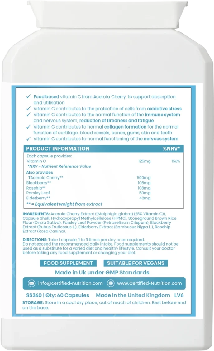 PrimeVital C supplement facts – 125 mg vitamin C per capsule with fruit and herb extracts, UK GMP