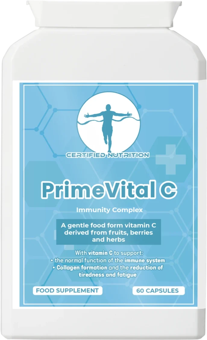 PrimeVital C vitamin C with acerola, elderberry, blackberry, rosehip and parsley – front label