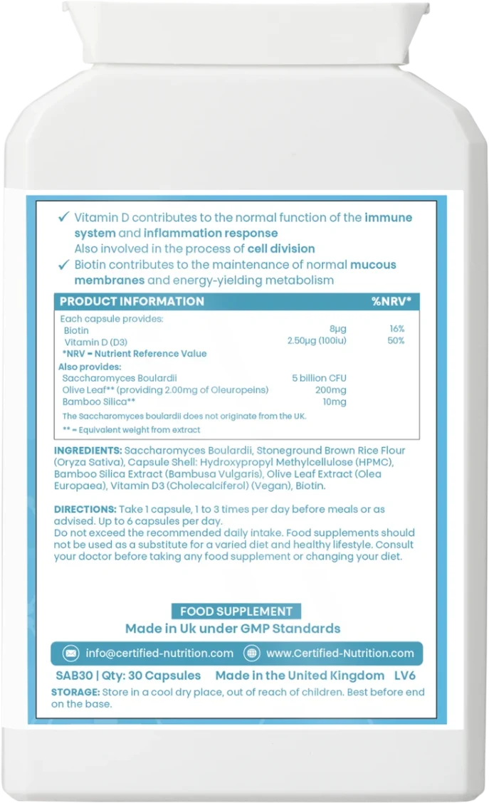 Alt text: Back of Certified Nutrition SaccharoGuard+ supplement bottle showing nutrition facts, ingredients, usage directions, and GMP compliance details.