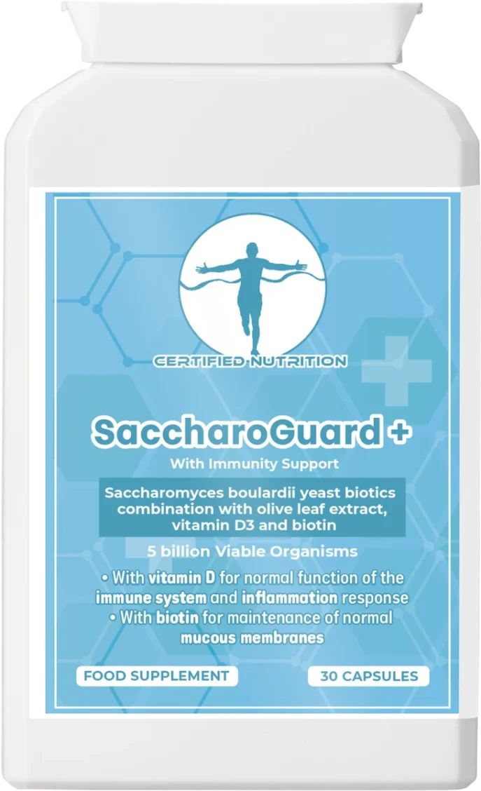 Alt text: Front view of Certified Nutrition SaccharoGuard+ probiotic supplement bottle highlighting immunity support, Saccharomyces boulardii, olive leaf extract, vitamin D3, and biotin.