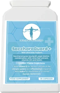 Alt text: Top-down view of Certified Nutrition SaccharoGuard+ supplement bottle showing front label with product benefits and immune system support claims.