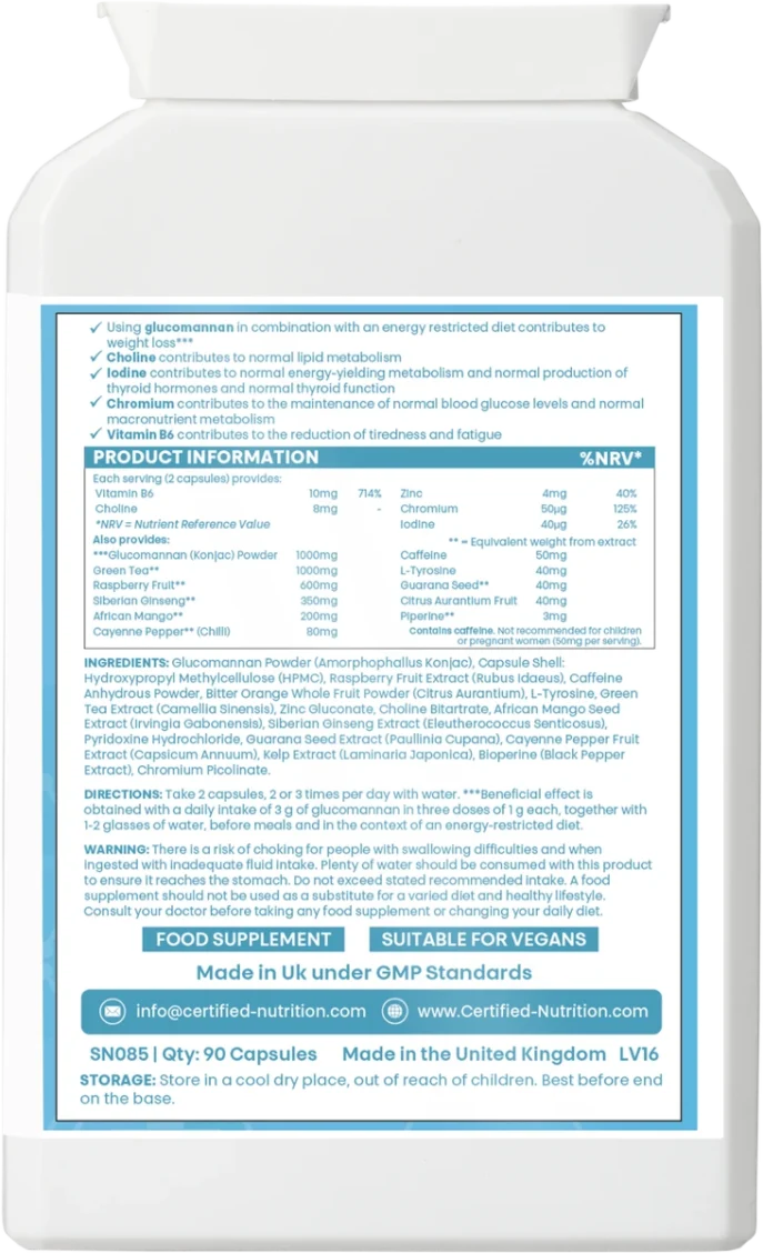 ThermoBlaze+ supplement nutrition to Support weight loss, label showing ingredients, dosage, and GMP certification, Certified Nutrition UK