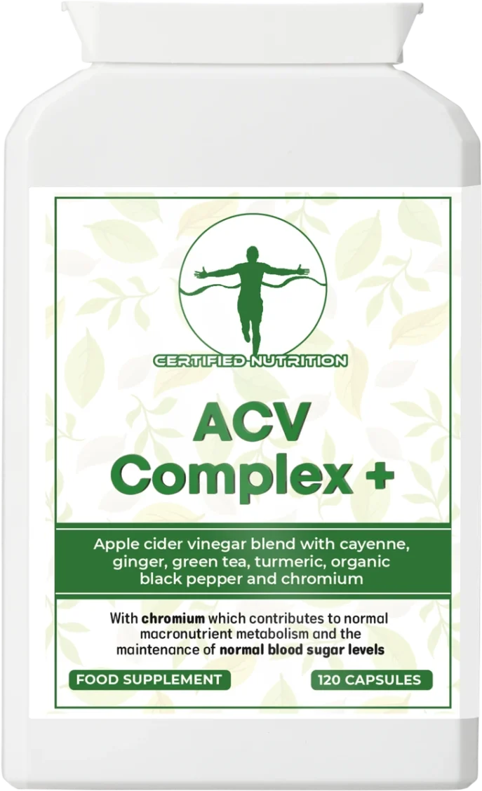 Rectangular white flat supplement bottle, green leaf motif label. Front text: “ACV Complex+” with subtitle “Apple cider vinegar blend with cayenne, ginger, green tea, turmeric, organic black pepper and chromium”; footer shows “Food Supplement, 120 Capsules”.
