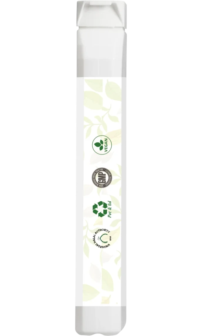 Narrow side panel of the bottle displaying certification icons only: Vegan, GMP – Good Manufacturing Practice, Recyclable Pot & Lid, and Universal Halal Authority (UHA).