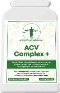 Slight top-down view of the front label and flip-top cap; text block notes metabolic support with chromium and pack size “120 Capsules”.