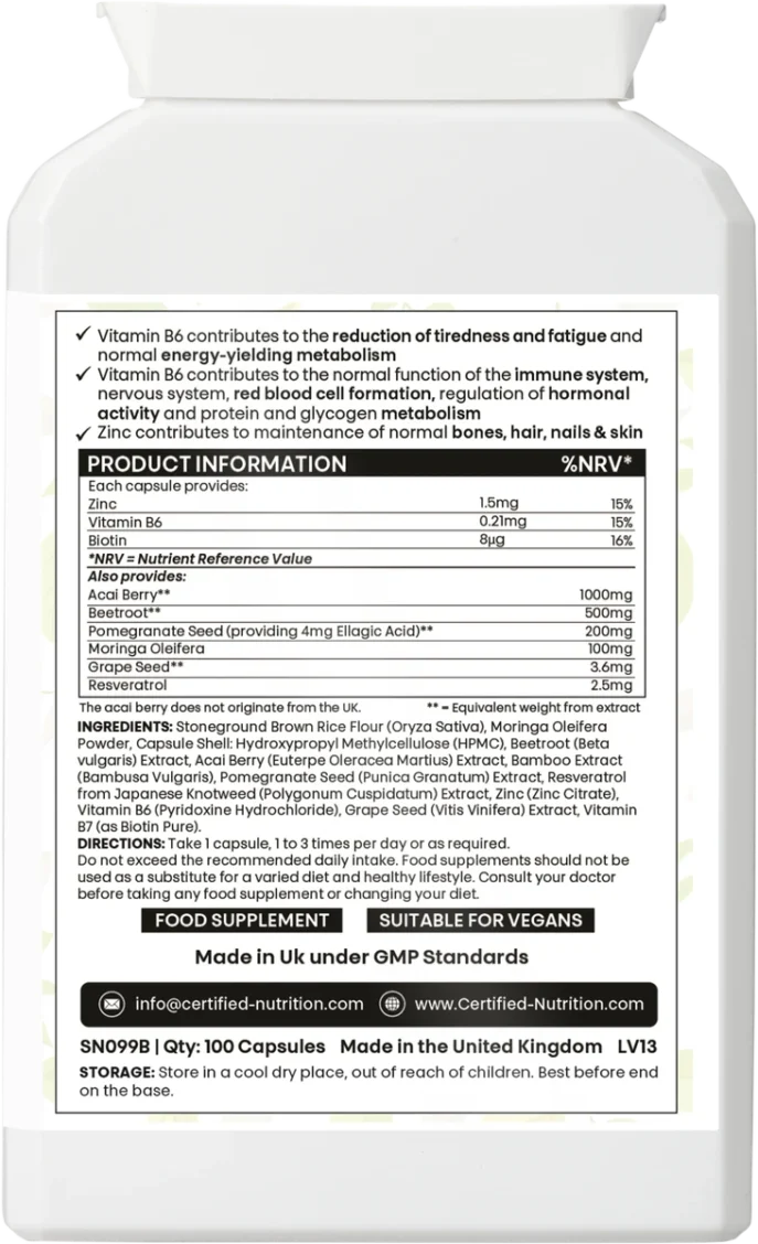 Back label close-up showing “Product Information”: zinc 1.5 mg, vitamin B6 0.21 mg, biotin 8 µg; plant extracts (acai berry, beetroot, pomegranate seed—ellagic acid, moringa, grape seed, resveratrol from Japanese knotweed); directions and UK GMP note.