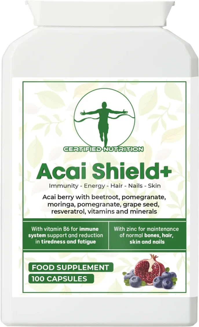Rectangular white supplement pot, front label “Acai Shield+” with green figure logo and leaf pattern; headline “Immunity • Energy • Hair • Nails • Skin”; callouts for B6 and zinc benefits; 100 capsules banner.