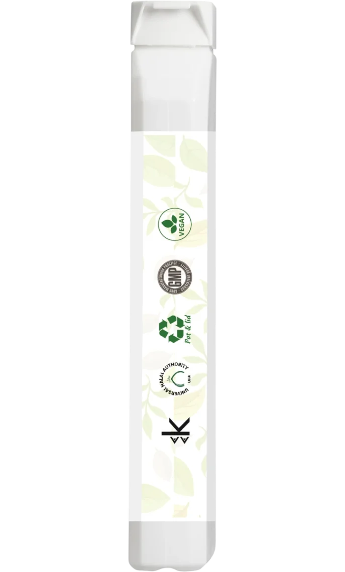 Narrow side-panel view with certification icons: Vegan, GMP, PET & lid recyclable, Universal Halal Authority (UHA), and Kosher “K” mark.