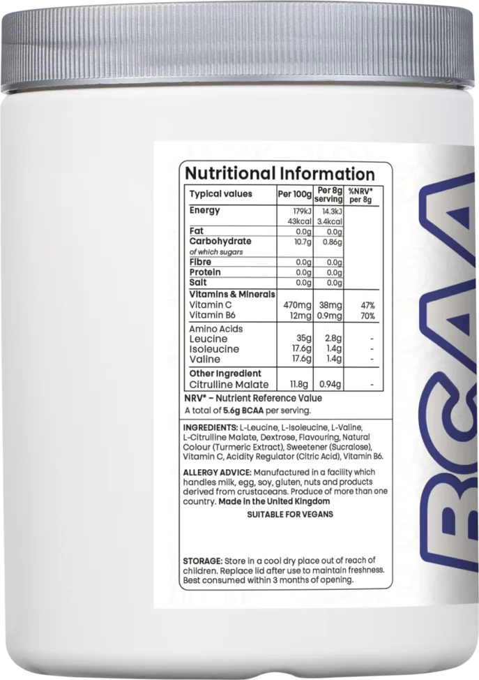 Nutritional breakdown of BCAA supplement including leucine, isoleucine, valine, vitamin C, and B6 per serving