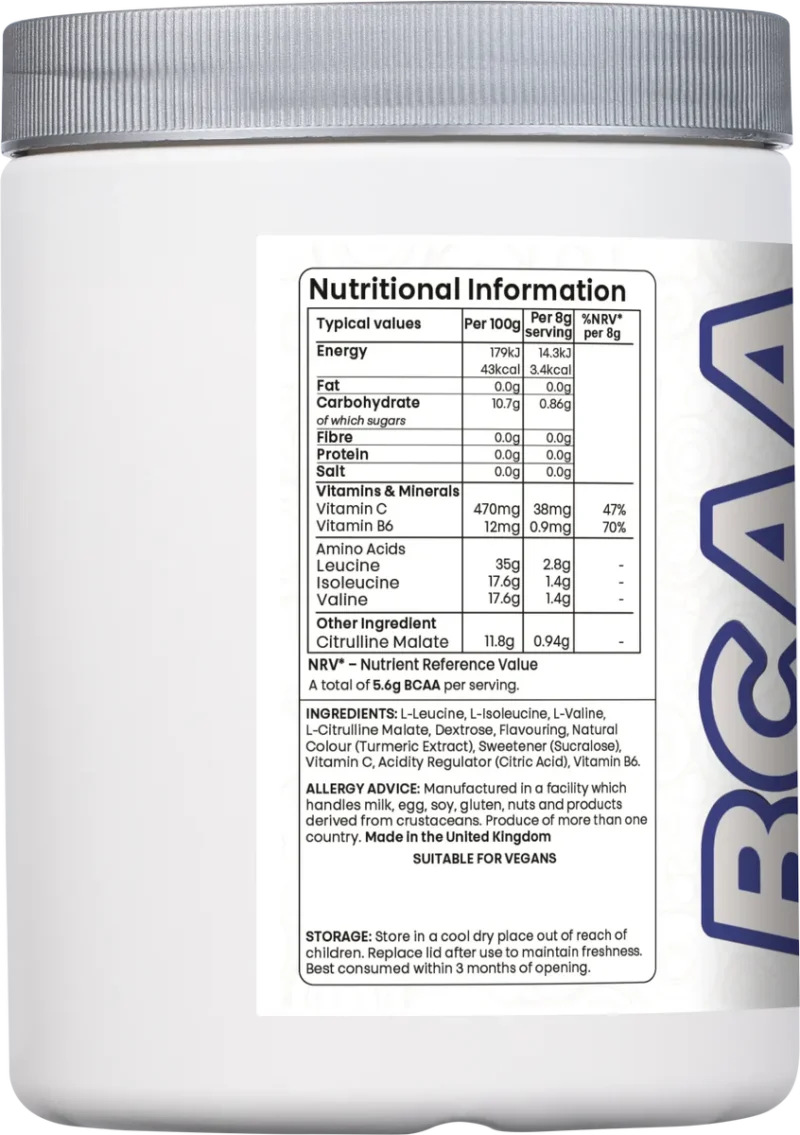 Nutritional breakdown of BCAA supplement including leucine, isoleucine, valine, vitamin C, and B6 per serving