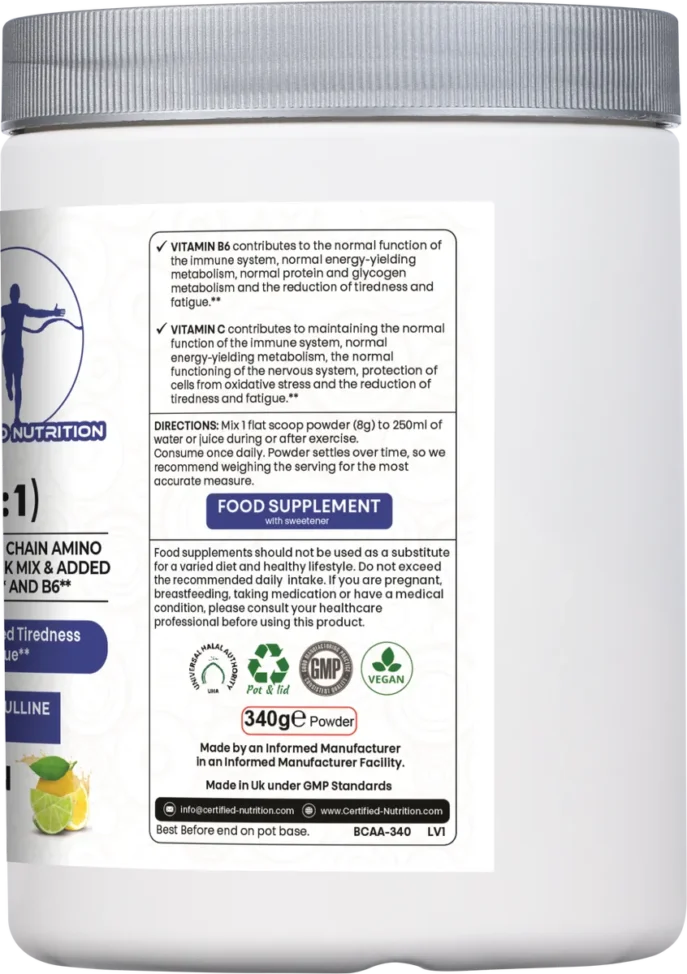 Supplement directions, certifications (Vegan, GMP, Halal), and storage info on Certified Nutrition BCAA container