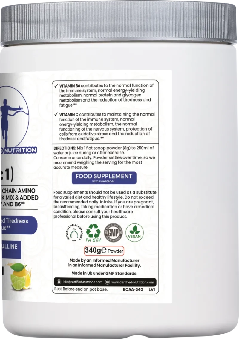 Supplement directions, certifications (Vegan, GMP, Halal), and storage info on Certified Nutrition BCAA container
