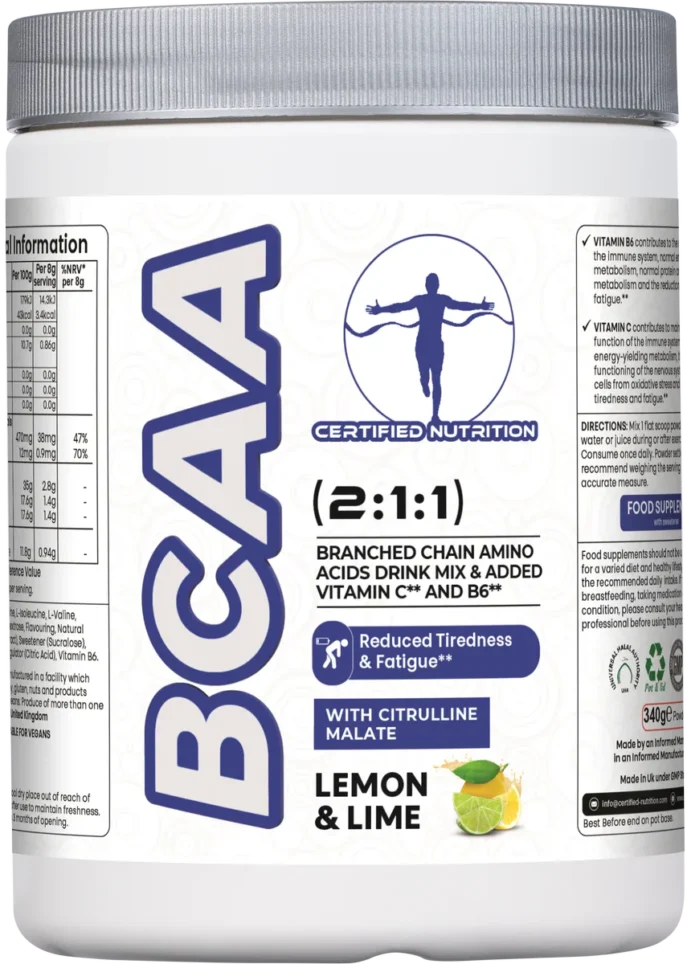 Certified Nutrition BCAA 2:1:1 powder with Vitamin B6, Vitamin C, and Citrulline Malate in lemon and lime flavour – front label