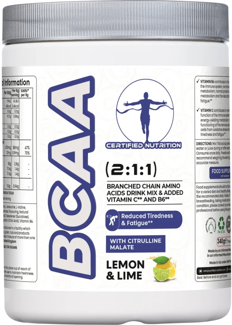 Certified Nutrition BCAA 2:1:1 powder with Vitamin B6, Vitamin C, and Citrulline Malate in lemon and lime flavour – front label