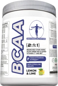 Front/Angled up view of Certified Nutrition BCAA supplement showing vegan label, fatigue reduction benefits, and citrulline content