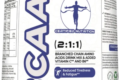 Front/Angled up view of Certified Nutrition BCAA supplement showing vegan label, fatigue reduction benefits, and citrulline content