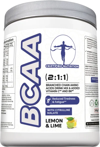 Front/Angled up view of Certified Nutrition BCAA supplement showing vegan label, fatigue reduction benefits, and citrulline content