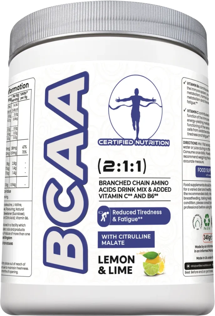 Front/Angled up view of Certified Nutrition BCAA supplement showing vegan label, fatigue reduction benefits, and citrulline content