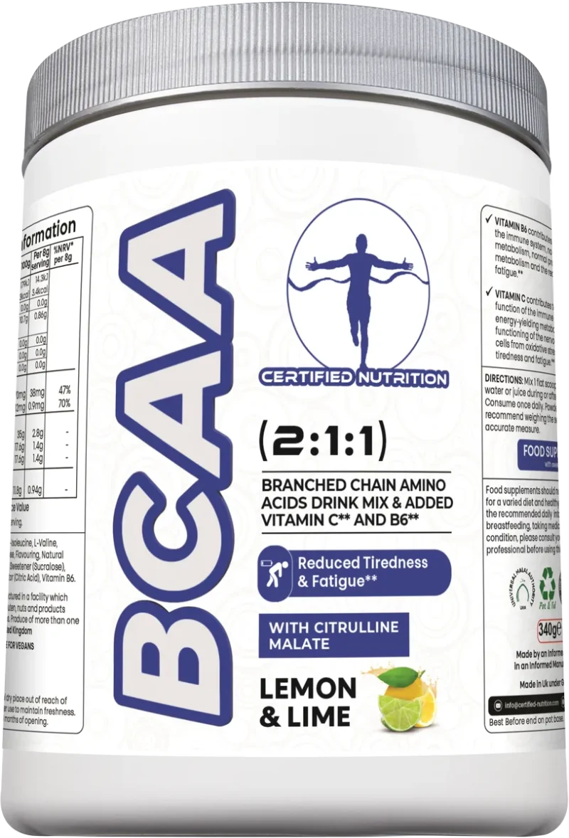 Front/Angled up view of Certified Nutrition BCAA supplement showing vegan label, fatigue reduction benefits, and citrulline content