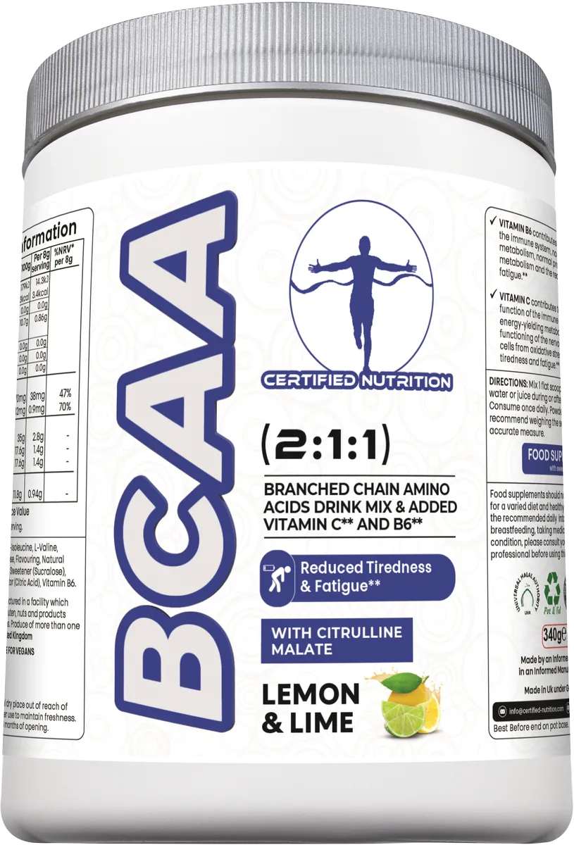 Front/Angled up view of Certified Nutrition BCAA supplement showing vegan label, fatigue reduction benefits, and citrulline content