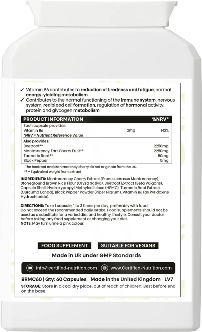 Back label showing B6 authorised claims (fatigue reduction, energy metabolism, immune and neural function, red blood cell formation, hormonal regulation, protein and glycogen metabolism); product information table with amounts for beetroot 2250 mg eq., Montmorency cherry 2250 mg eq., turmeric 50 mg, black pepper 5 mg, vitamin B6 2 mg (142% NRV); full ingredients, directions, UK GMP statement and contacts.