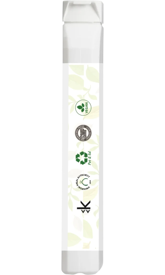 Narrow side panel with certification icons and names only: Vegan, GMP, PET & lid recycling, Universal Halal Authority USA; pale botanical background along the strip.