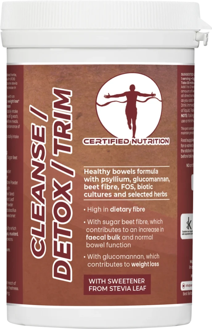 Certified Nutrition Cleanse / Detox / Trim supplement front label showing product name, branding logo, and key highlights such as dietary fibre, beet fibre, glucomannan, FOS, and biotic cultures with stevia sweetener.
