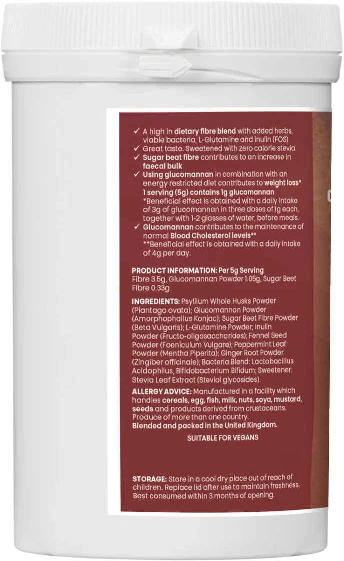 Cleanse / Detox / Trim supplement tub side panel detailing product benefits, including high fibre content, glucomannan for weight management, sugar beet fibre for faecal bulk, and contribution to cholesterol maintenance.