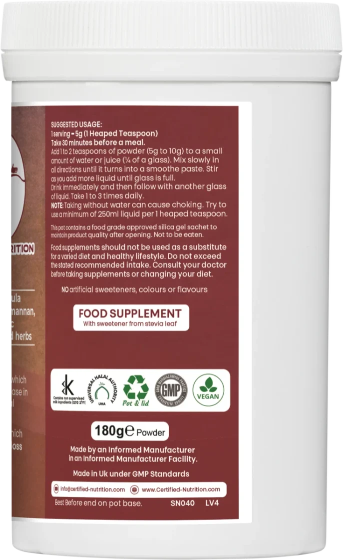 Certified Nutrition Cleanse / Detox / Trim tub side panel with usage directions, recommended serving size of 5g, mixing instructions, caution about water intake, and food supplement disclaimer under GMP standards.