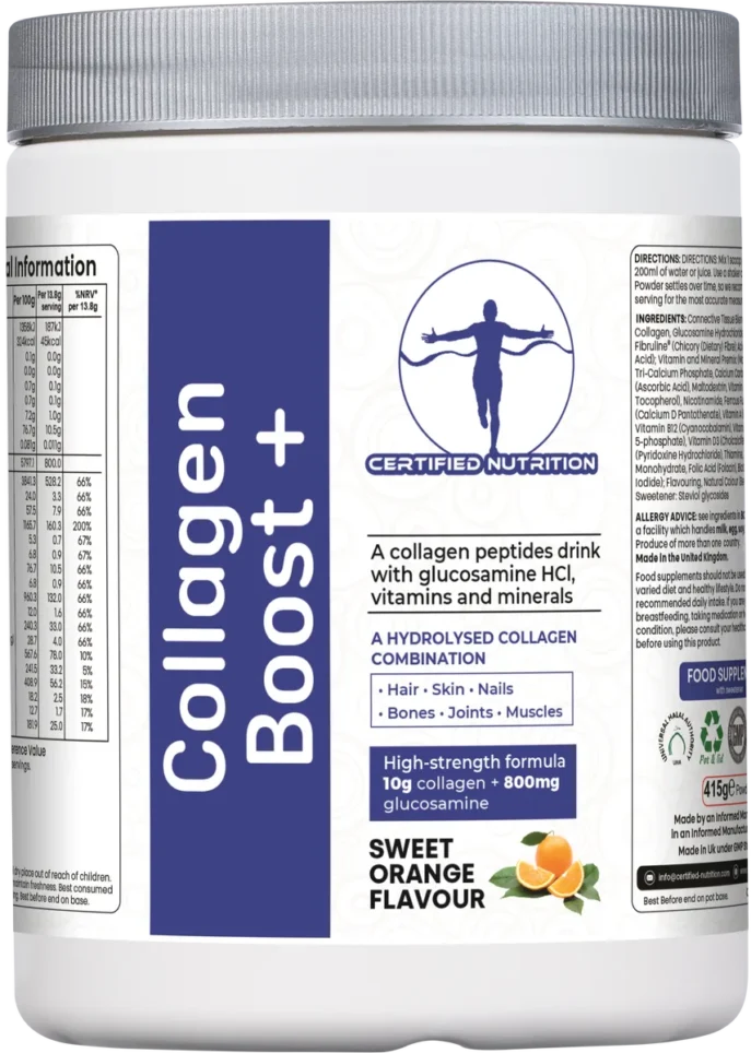 front-facing label of Certified Nutrition Collagen Boost+ sweet orange flavour supplement tub