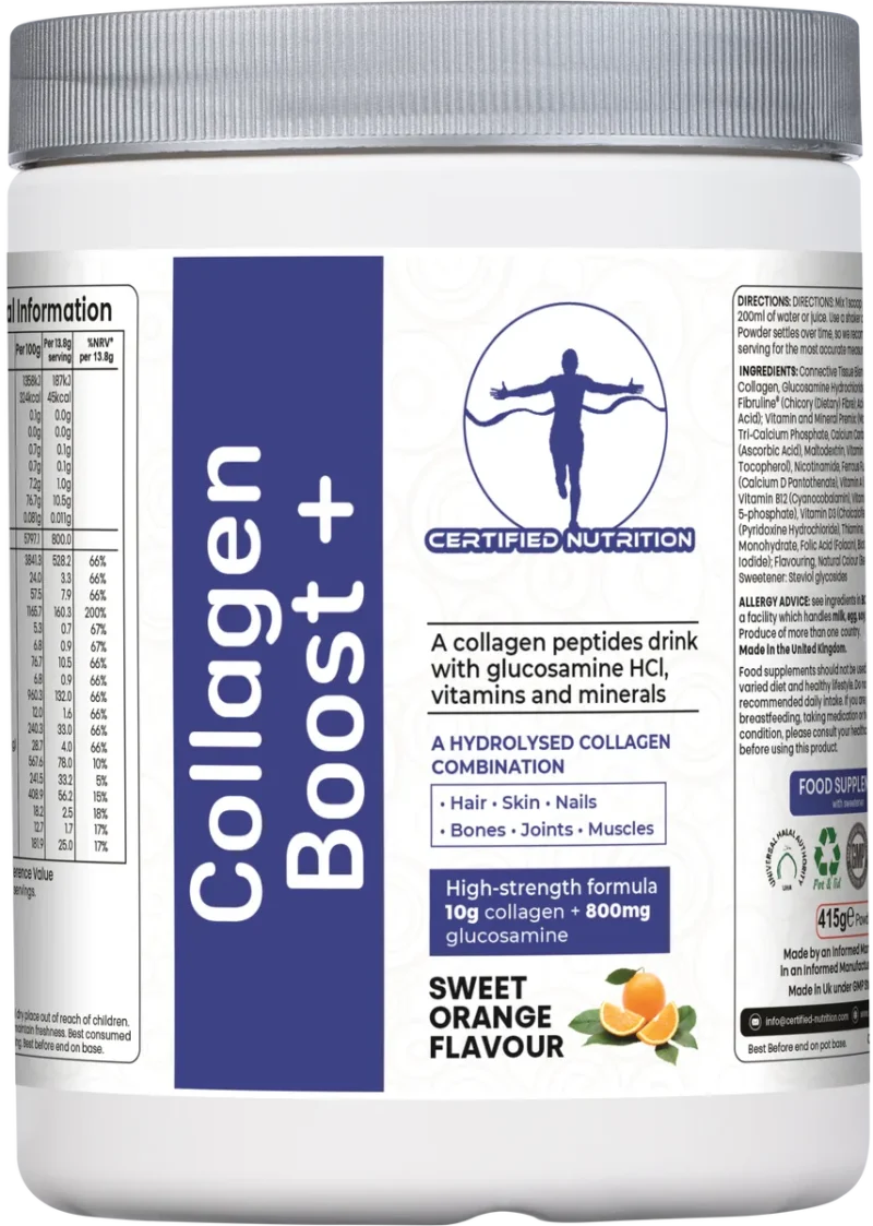 front-facing label of Certified Nutrition Collagen Boost+ sweet orange flavour supplement tub