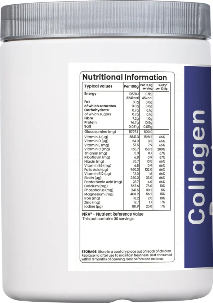 nutritional values of Collagen Boost+ supplement per 100g and 13.8g serving