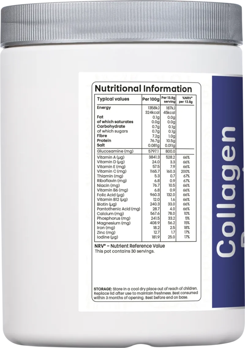 nutritional values of Collagen Boost+ supplement per 100g and 13.8g serving