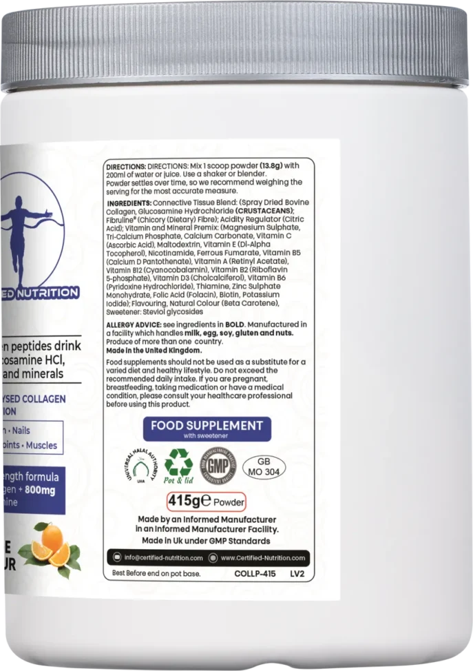 ingredients list and usage directions for Certified Nutrition Collagen Boost+ powder