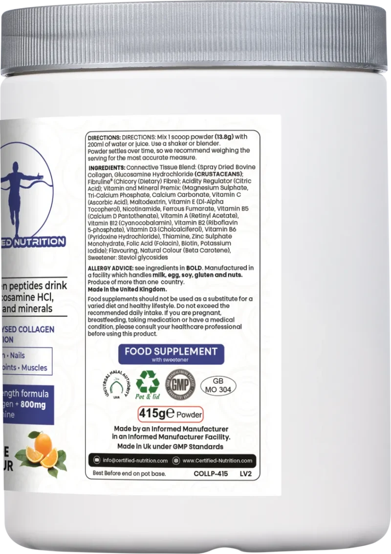 ingredients list and usage directions for Certified Nutrition Collagen Boost+ powder
