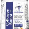 angled front view of Collagen Boost+ tub showing branding and supplement benefits