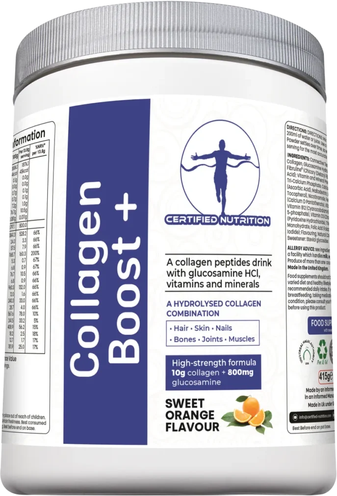 angled front view of Collagen Boost+ tub showing branding and supplement benefits