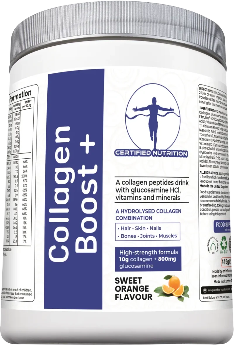 angled front view of Collagen Boost+ tub showing branding and supplement benefits