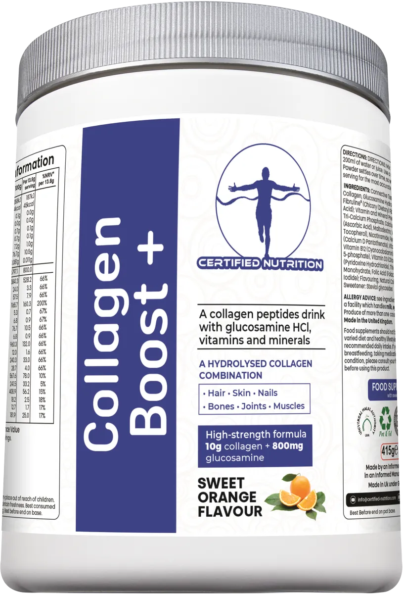 angled front view of Collagen Boost+ tub showing branding and supplement benefits