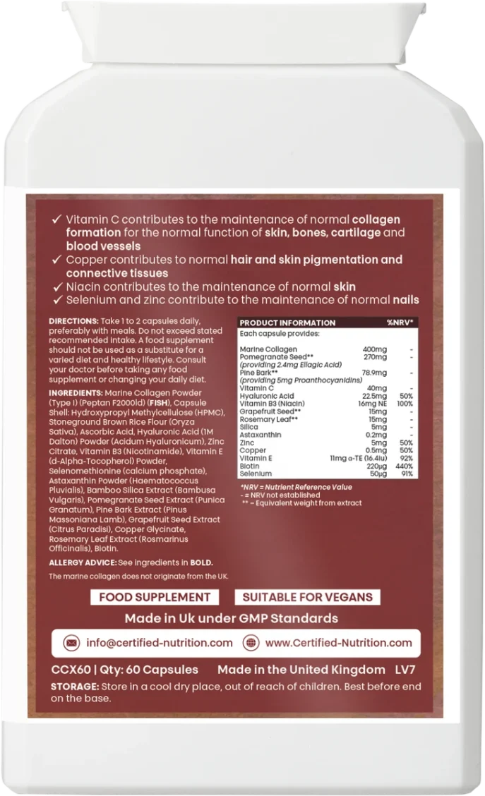 Back label of Certified Nutrition Collagen Beauty Shield supplement, showing full product information, capsule ingredients including marine collagen, hyaluronic acid, vitamin C, copper, zinc, and usage directions.