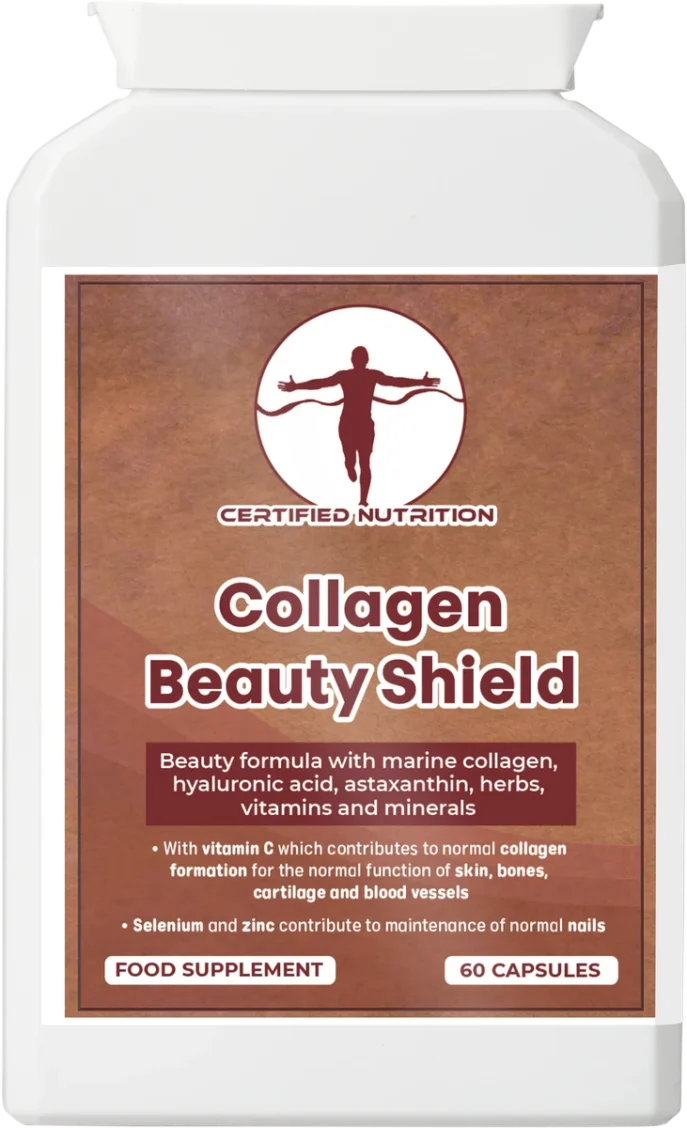 Front label of Certified Nutrition Collagen Beauty Shield supplement, highlighting marine collagen, hyaluronic acid, astaxanthin, herbs, vitamins and minerals for skin, hair, nails, and beauty support.