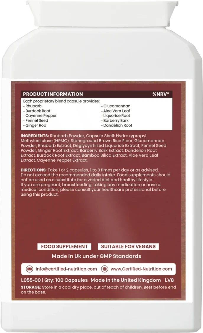 ColonCleanse back label with full product information panel showing proprietary blend ingredients such as rhubarb, burdock root, cayenne pepper, fennel seed, ginger root, glucomannan, aloe vera, liquorice root, barberry bark, and dandelion root, alongside usage directions and storage instructions.