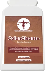 ColonCleanse top view of the supplement bottle showing white plastic rectangular cap and packaging design consistent with Certified Nutrition’s branding style.