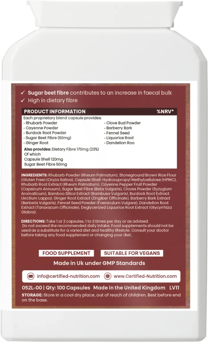 Back label of Certified Nutrition ColonFlow supplement showing product information and ingredients: rhubarb, cayenne, burdock, sugar beet fibre (50mg), ginger root, clove bud, barberry, fennel, liquorice, and dandelion root. Includes directions, storage, vegan and GMP certification, 100 capsules.