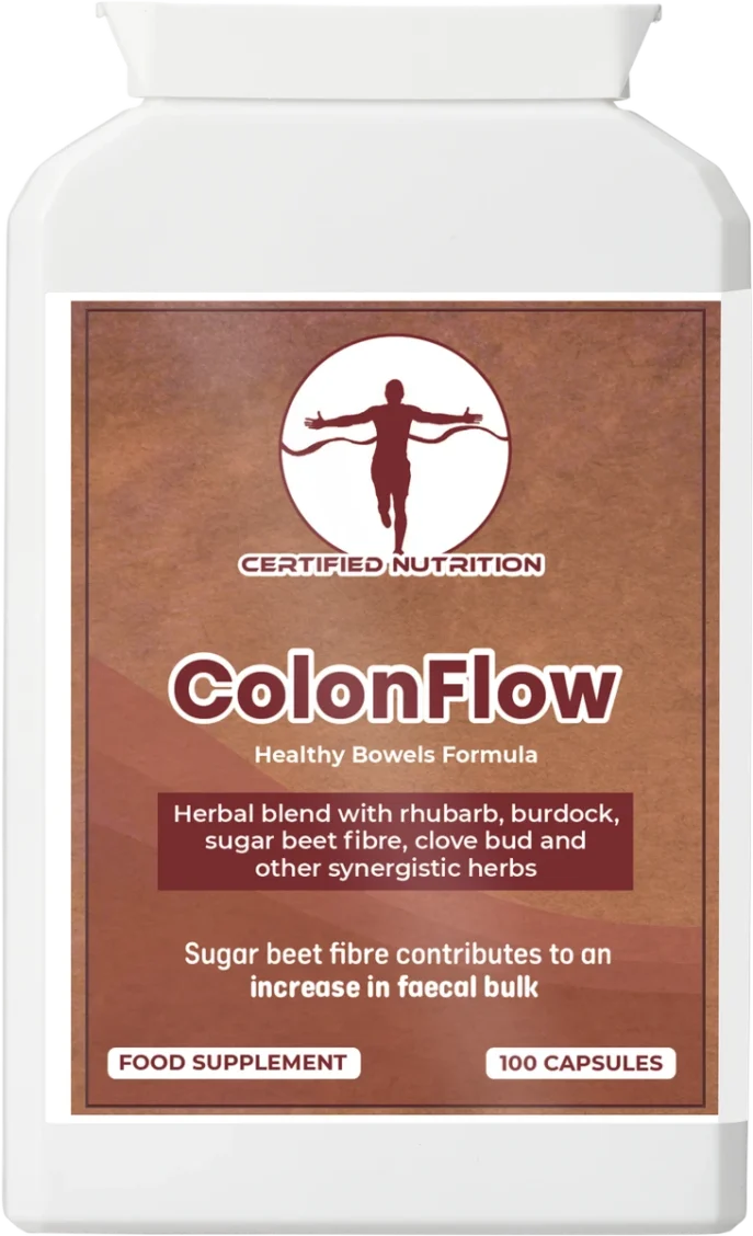 Certified Nutrition ColonFlow front view bottle, labelled Healthy Bowels Formula. Herbal blend with rhubarb, burdock, sugar beet fibre, clove bud, fennel, and other synergistic herbs. 100 vegan capsules food supplement.