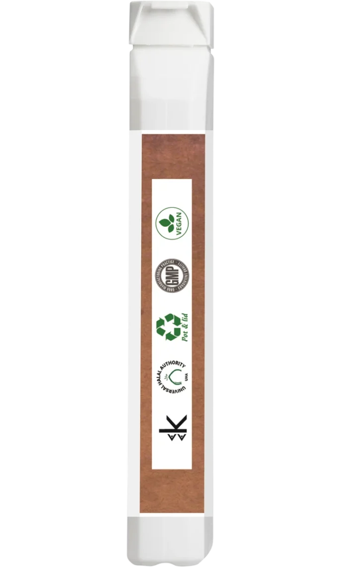 Side view of Certified Nutrition ColonFlow bottle with compliance logos including Vegan, GMP, recyclable pot and lid, and Halal certification. White rectangular packaging with brown label strip.